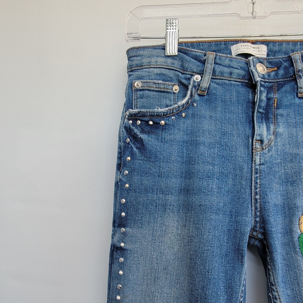 Zara Distressed Embroidered Studded Skinny Jeans Size 4 Floral Boho Rock N Roll - Picture 6 of 16